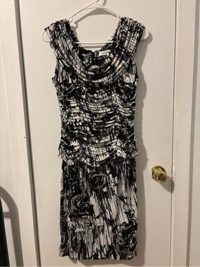 Calvin Klein Black & White Ruched Midi Dress